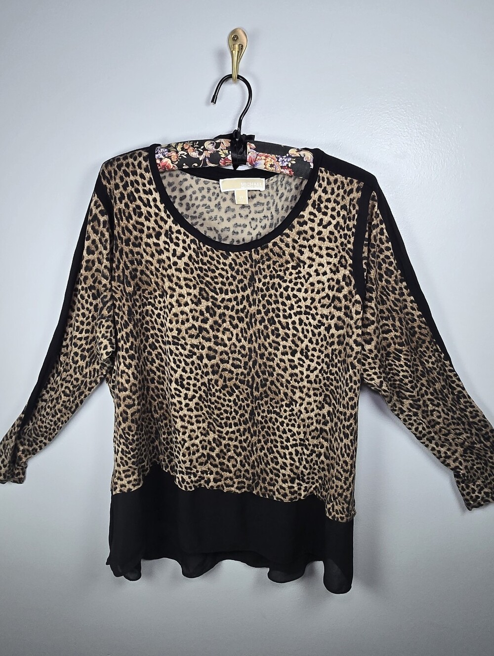 Michael Kors Plus Size 2X Leopard Animal Print Sheer Chiffon Long Sleeve Blouse